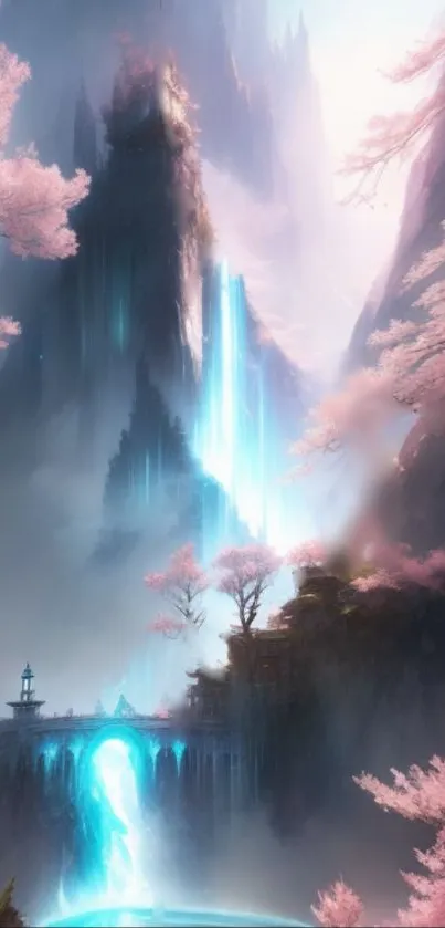 Fantasy landscape with cherry blossoms and a waterfall.