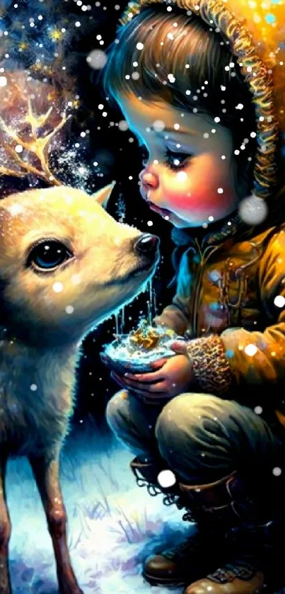 A child in a hooded coat interacts with a magical glowing deer in a winter scene.