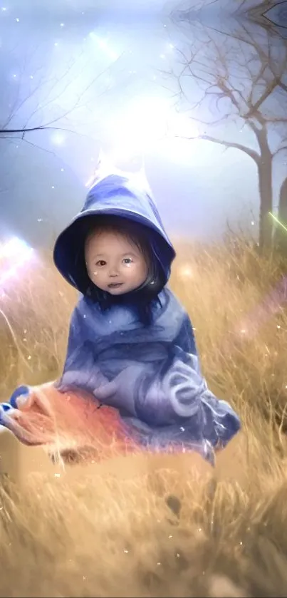 A magical child in blue robe sitting amidst a mystical field.