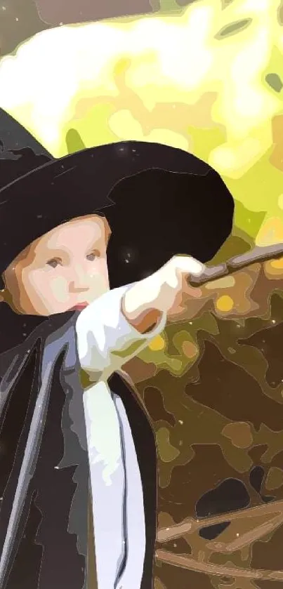 A child in a wizard hat casts a spell in a forest.