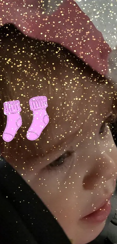 Whimsical child with sparkle overlay and pink socks in soft light.