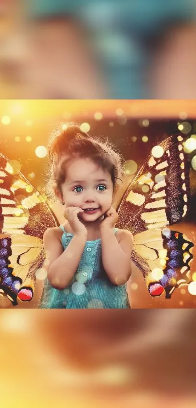 Child with butterfly wings against a glowing, magical background.