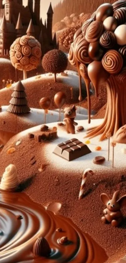 Whimsical chocolate fantasy landscape with trees and rivers