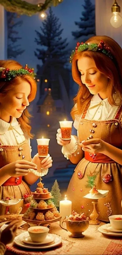 Cozy Christmas scene with candles and festive treats on a table.