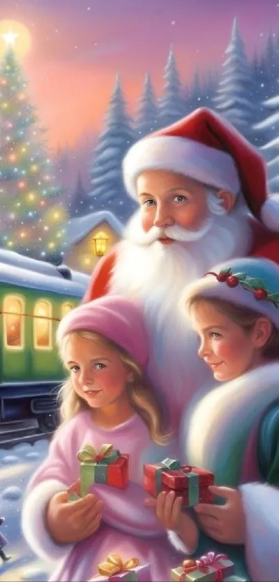 Santa with children holding gifts in a snowy Christmas scene.