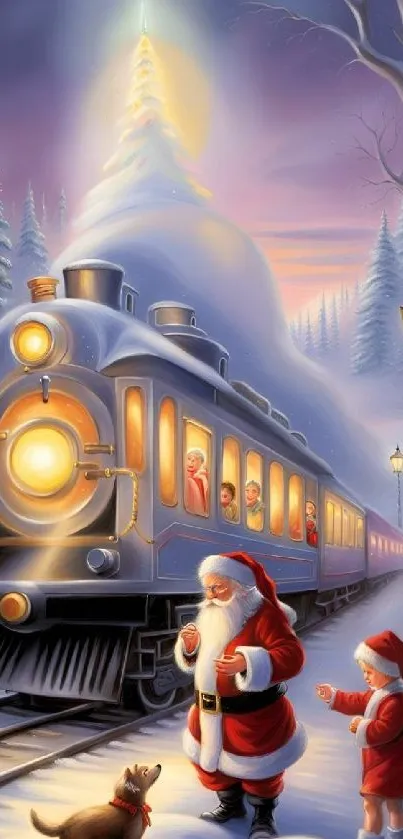 Santa and child by glowing Christmas train.