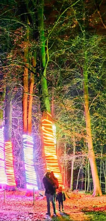 Enchanting forest with colorful Christmas lights decorating the trees.