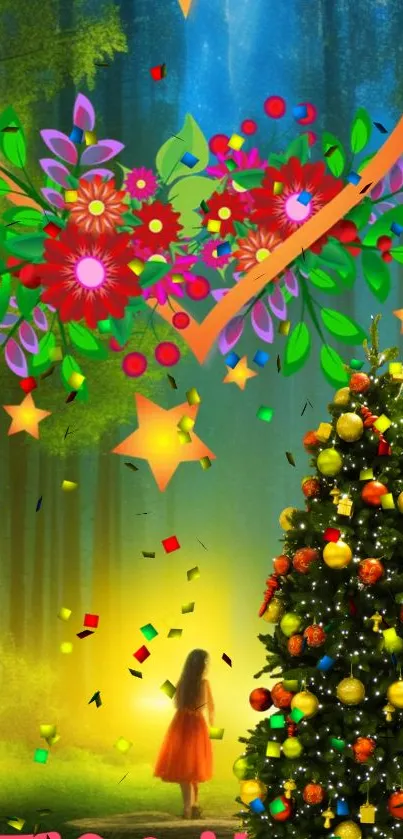 Christmas tree in magical forest with colorful ornaments and lights.