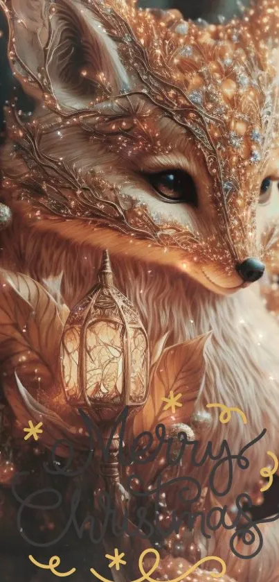 Magical fox with lantern Christmas wallpaper.