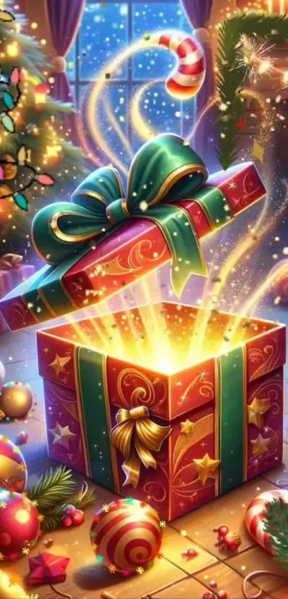 Festive Christmas gift box bursting open with magical lights and holiday decorations.