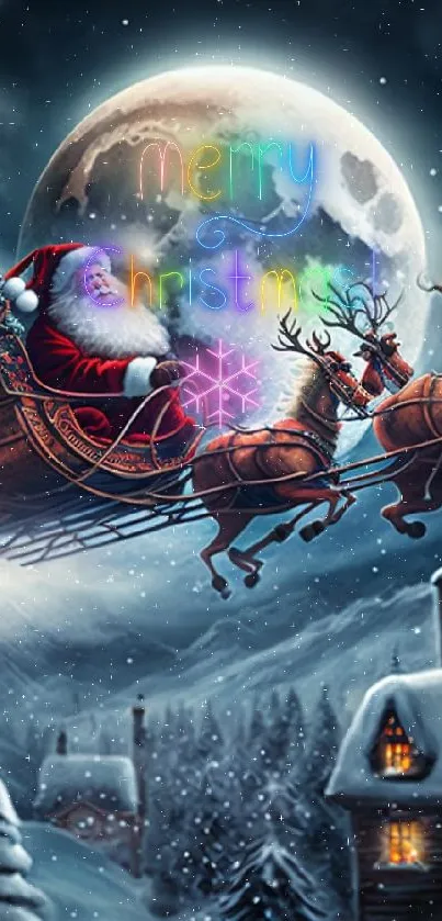 Santa flying over snowy village with full moon.