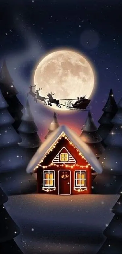 Christmas night with cabin, moon, Santa's sleigh and trees.