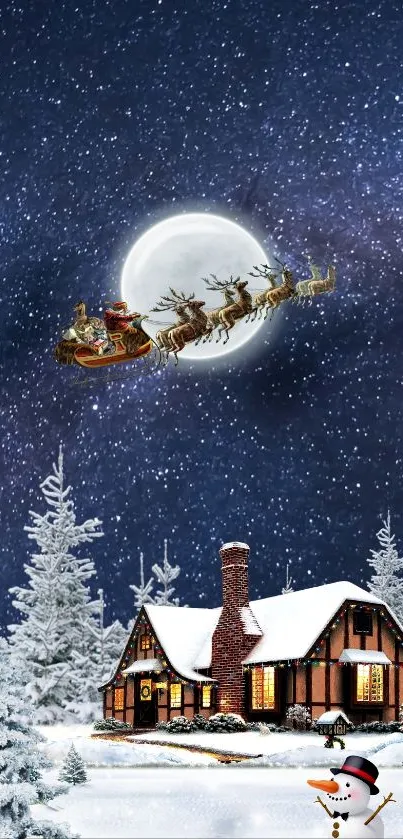 Christmas night wallpaper with Santa's sleigh above a snowy cabin.