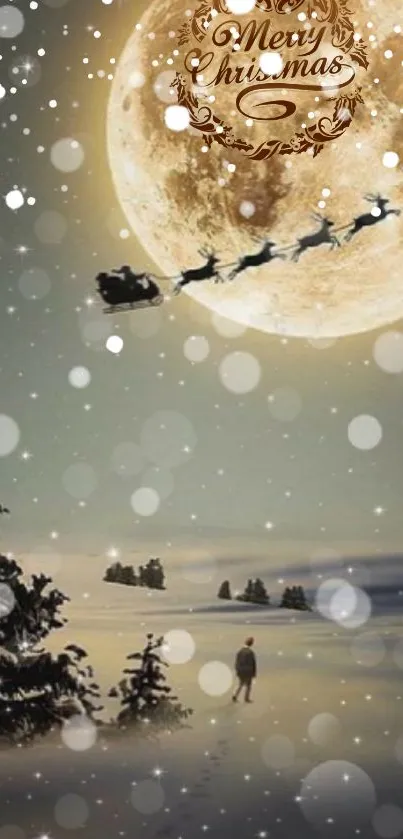 Christmas wallpaper with Santa's sleigh and full moon.