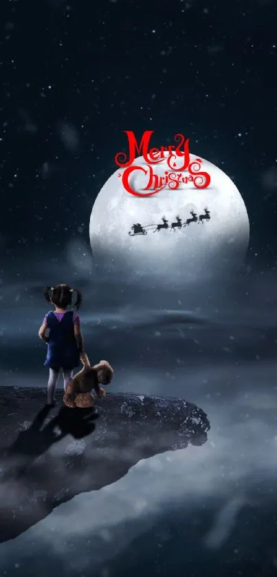 Merry Christmas night with full moon and Santa's sleigh.