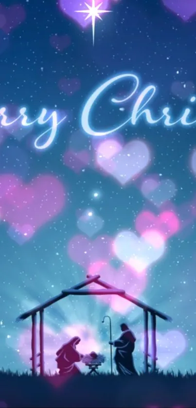 Nativity scene with Merry Christmas text under a starlit sky and colorful hearts.