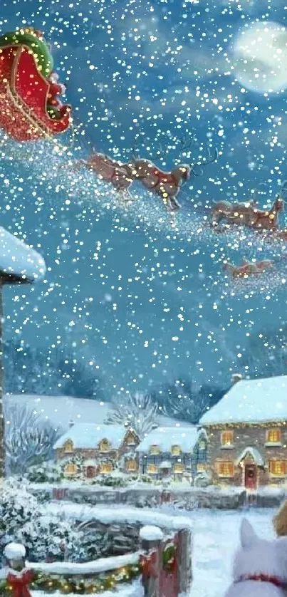 Santa's sleigh over snowy village with watching cats.