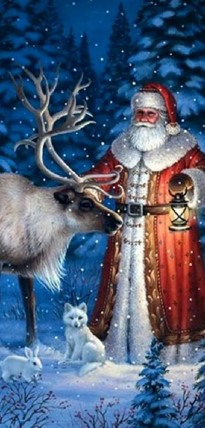 Santa with reindeer in a snowy forest during Christmas night.