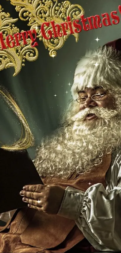 Santa Claus reading a book on Christmas night, surrounded by snowfall.