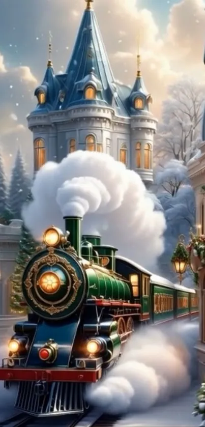 Magical Christmas train passing a fairytale castle in the snow.