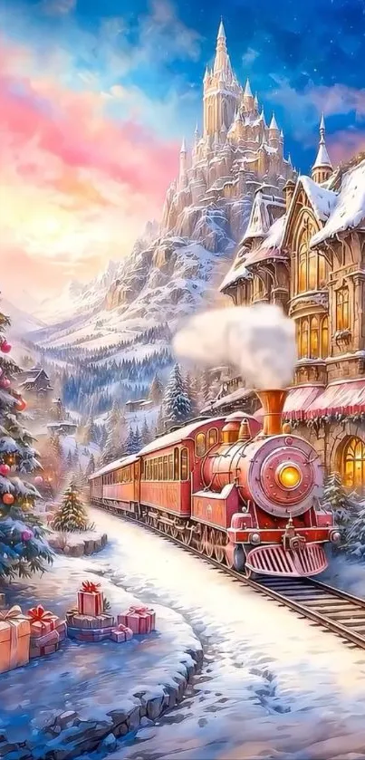 Christmas train passing snowy castle under vibrant sky.