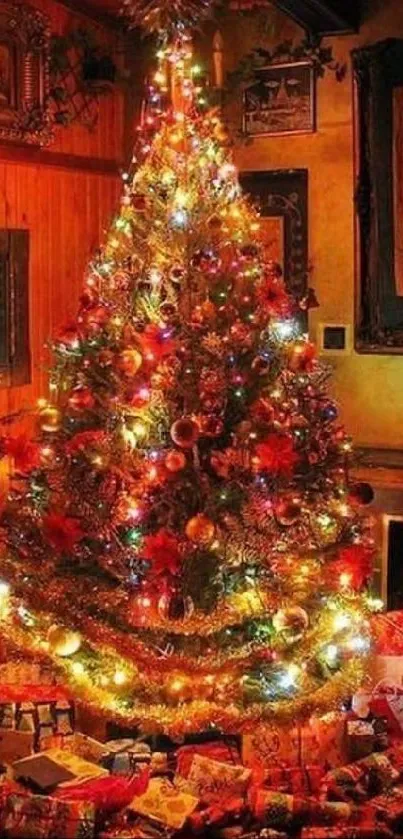 Warmly lit Christmas tree with gifts and decorations.