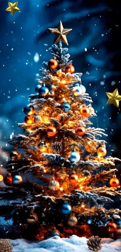 Magical Christmas tree decorated with lights and snow at night.