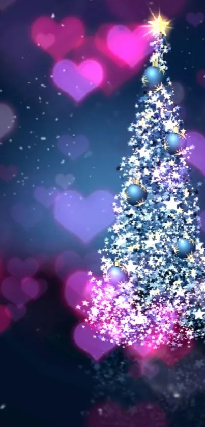 Glowing Christmas tree with pink hearts background.