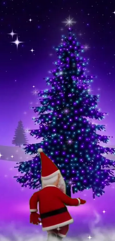 Santa Claus under a glowing Christmas tree on a purple night.