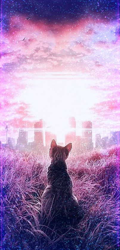 Cat gazing at a magical cityscape with vibrant purple and pink sunset hues.