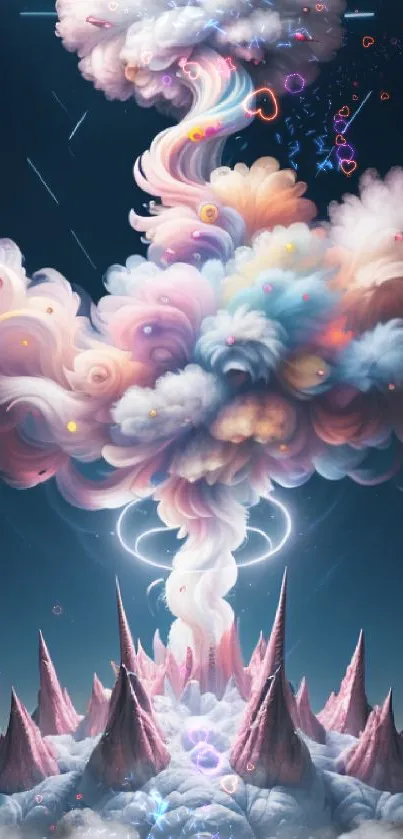 Colorful, whimsical cloudscape over surreal peaks mobile wallpaper.