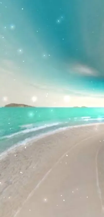 Serene beach with turquoise waves under a magical sky.