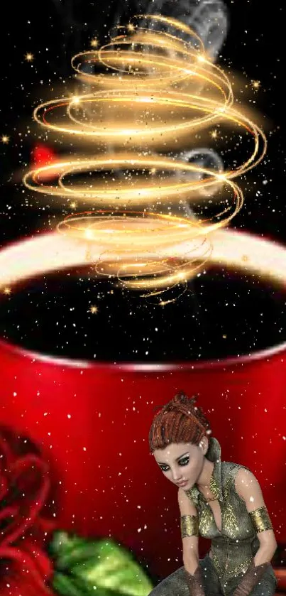 Fantasy coffee wallpaper with golden spiral and red cup.