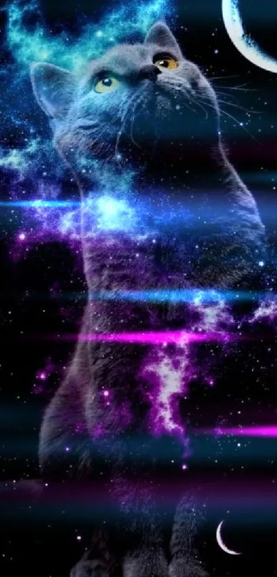 A mystical cosmic cat with a galaxy and moon background wallpaper.