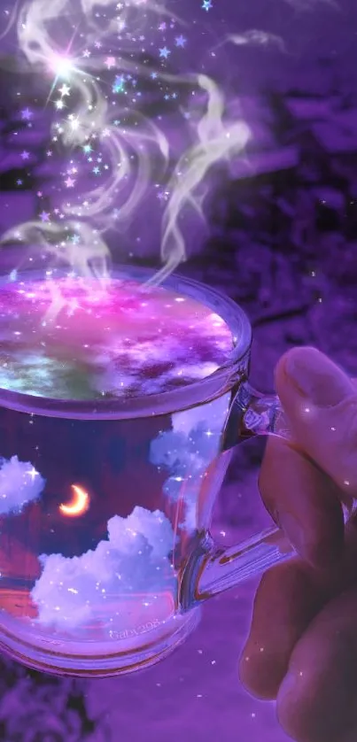 Cosmic scene in a cup with purple night sky and stars.