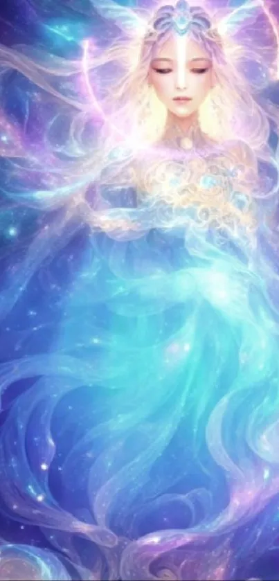 Ethereal cosmic goddess in flowing pastel colors.