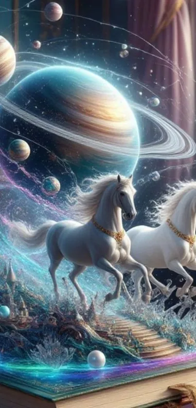 Two ethereal horses gallop in a cosmic fantasy world.