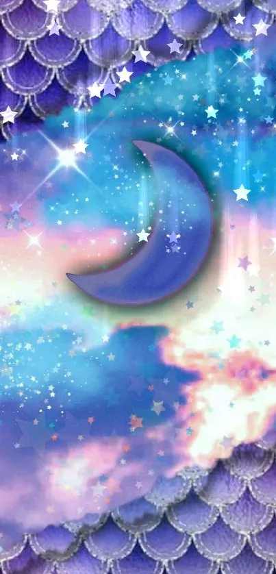 Dreamy cosmic wallpaper with a crescent moon and colorful clouds.