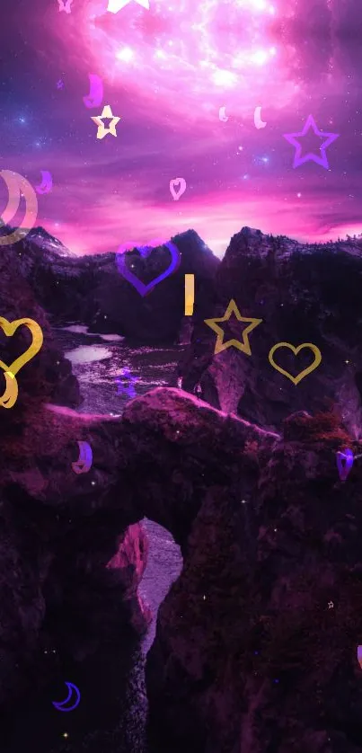 Vibrant purple cosmic night sky with stars and hearts.