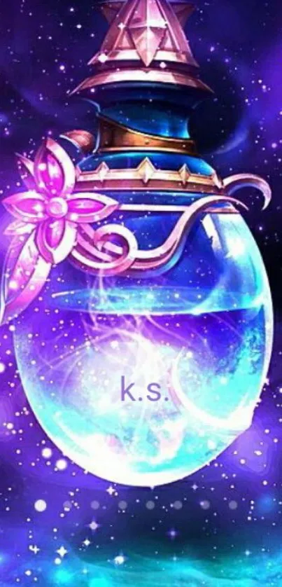 Magical cosmic potion with purple and blue hues on a mystical background.