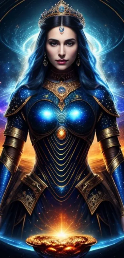 Fantasy cosmic queen with glowing aura in vibrant blue and gold hues.