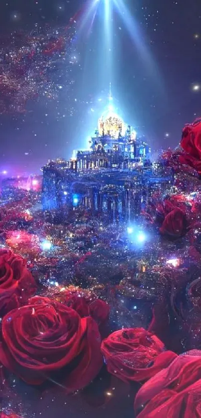 Magical castle with red roses under a cosmic night sky.