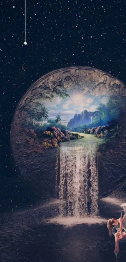 Surreal cosmic waterfall with celestial backdrop.