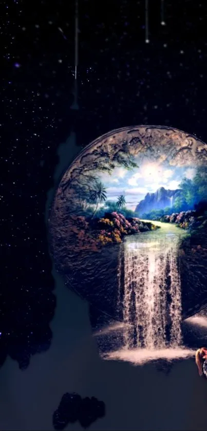 Surreal cosmic scene with waterfall and fantasy elements in space.