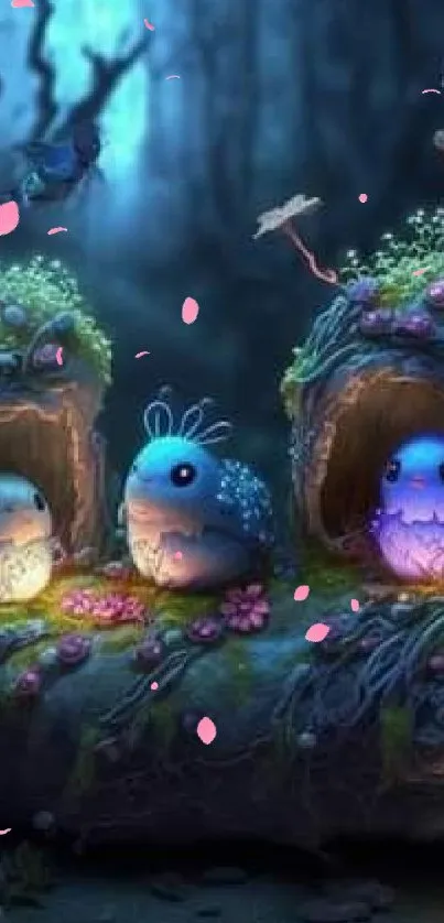 Enchanting forest with glowing creatures and mystical flowers.