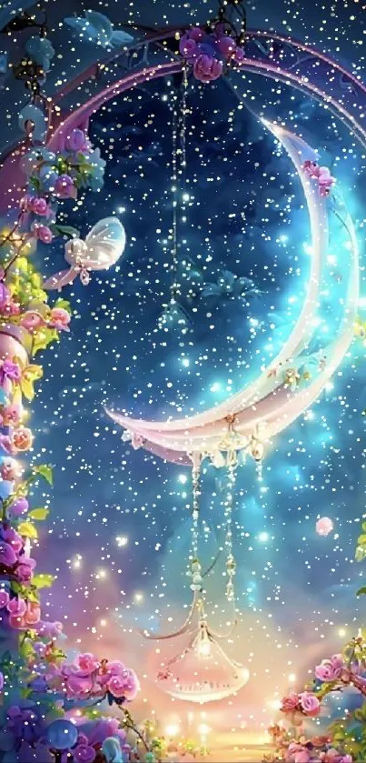 Magical crescent moon and floral arch wallpaper.