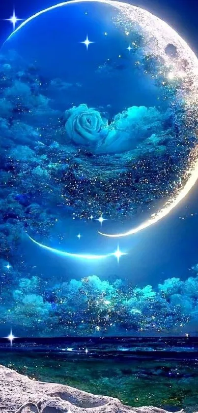 Ethereal crescent moon in a starry blue sky.