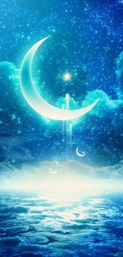 Magical crescent moon with starry night sky wallpaper.