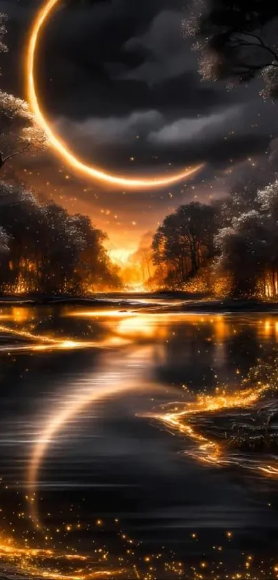 Crescent moon illuminating a magical night forest and river.