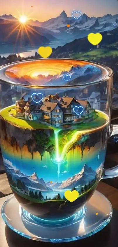 Fantasy landscape in a glass cup with vibrant colors and mountains.